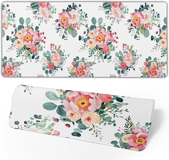 Kawani Pink Floral Gaming Mouse Pad & Keyboard Mat, XXL Large (31.5x11.8 Inch), Waterproof, Non-Slip, Soft, Fabric & Rubber