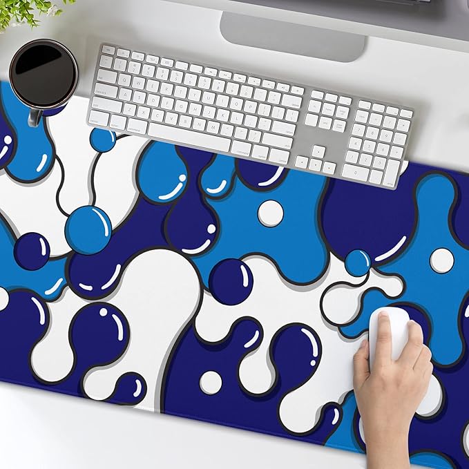Navy Blue White Mouse Pad Anime Cool Geometric Japanese Extended Desk Mat 80X30 cm Non-Slip Rubber Base Stitched Edge Large XL Mousepad for Desk Gaming Laptop Desktop,31.5×11.8 Inch