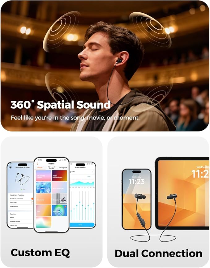 Truefree Wireless Earbuds, HD-100 Bluetooth 6.0 Sport Earphones, Magnetic Wireless Headphones, 11mm Driver Spatial Audio, IP67 Waterproof, 20H Playtime, AI Enhanced Calls, App Control, Dual Connection