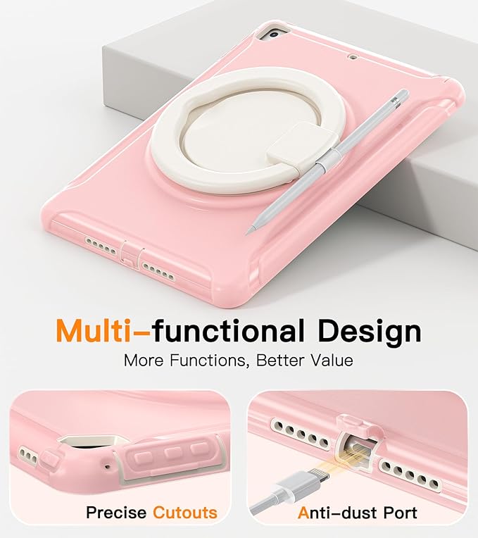 BATYUE Case for iPad 6th Generation 9.7 inch 2018, iPad 5th Gen 2017, iPad Air 2/ iPad Pro 9.7'',Shockproof Protective Cover with Pencil Holder &Rotating Kickstand,for Kids,Girls (Cheery Pink)