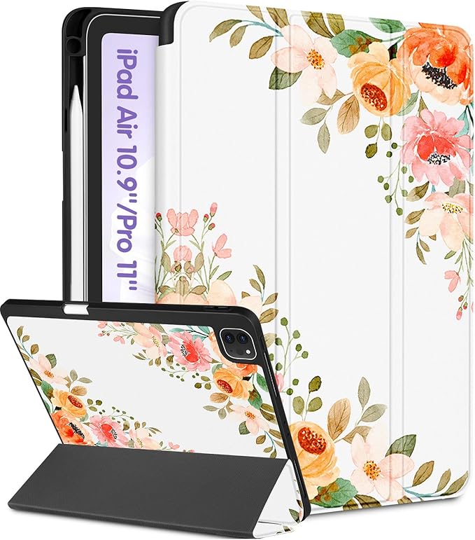 Uppuppy for iPad Air 11 inch Case, Air 5th/4th Generation 10.9, Pro 11'' (4th/3rd/2nd/1st Gen) Case Girls Cute Women Pencil Holder Flowers Design Folio Cover for iPad Air 11 2024/2025 (M2/M3)