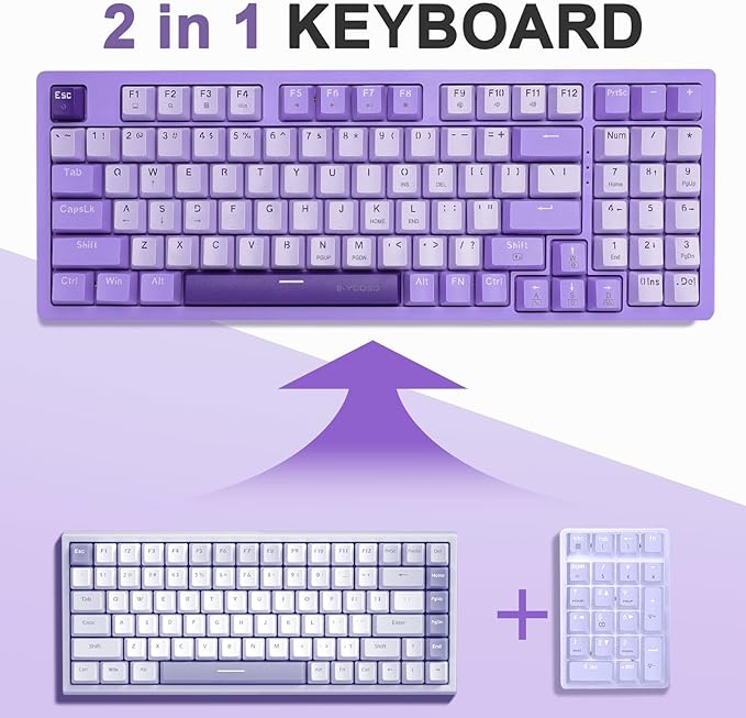 HUO JI Mechanical Gaming Keyboard USB Wired Compact with Number Pad, Purple Led Backlit, Blue Switch, Detachable Type C Cable, 94 Keys for PC/Computer/Laptop, White and Purple