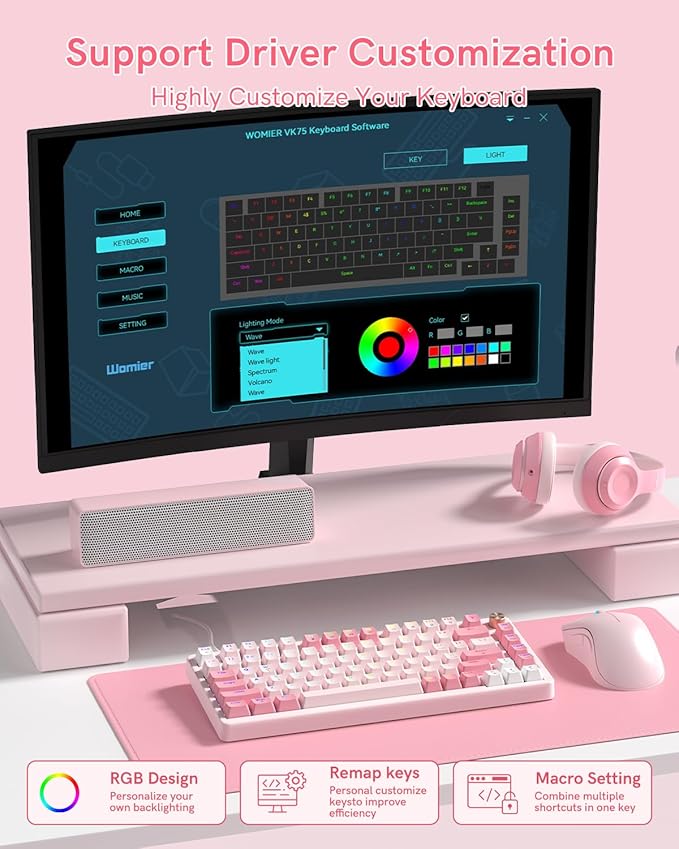 VK75 Wired Gaming Keyboard with Multimedia Control Knob, 75% Creamy Mechanical Keyboard RGB Backlit Gasket Mount with Cherry Profile PBT Keycaps, Hot Swappable Pre-lubed Linear Switch, Pink