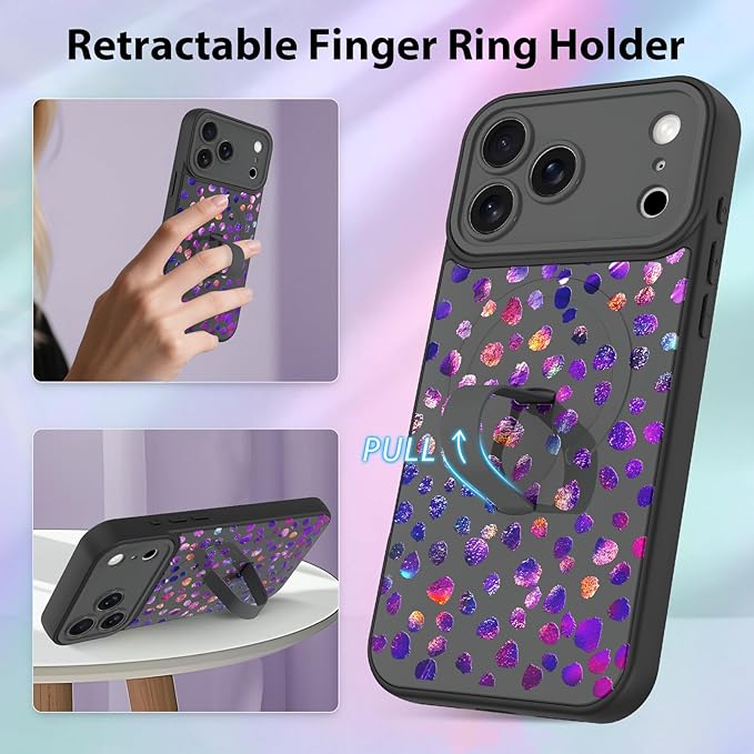 KANGHAR Compatible with iPhone 17 Pro Case, Support for MagSafe, Silicone Cute Iridescent Pattern Leopard Print Cheetah, Wristband Kickstand Shockproof Soft Slim Cover for Girls Women, Black