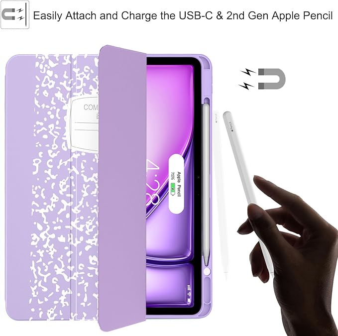 Soke Case for iPad Air 13 Inch (M4/M3/M2,2026-2024), iPad Pro 12.9" 6th/5th Generation with Pencil Holder(2021 2022 Release)-[Apple Pencil Charging + Auto Wake/Sleep] Soft Back Cover, Book Lilac