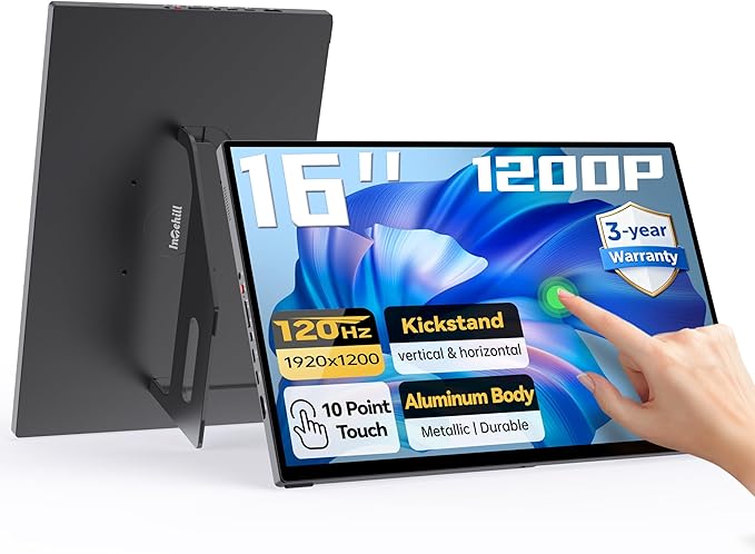 Intehill 16" 120Hz Touchscreen Portable Monitor, Portable Gaming Monitor w/Stand & Speakers, 16:10 Display with Full Laminated Tempered Glass, Touch Screen Travel Monitor for Laptop, T16PB (Black)