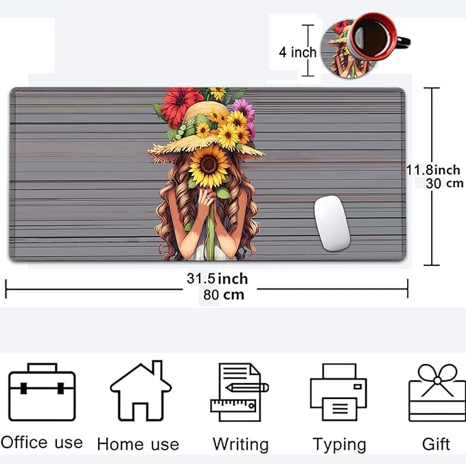 Large Mouse Pad, 31.5 x 11.8in Extended Gaming Mouse Pad with Stitched Edges, XXL Mousepad Protector Non Slip Rubber Base for Office and Home Writing Mat, Sunflower Girl Pattern Desk Mat