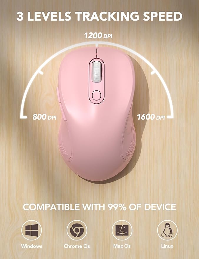 Trueque Wireless Mouse for Laptop, 2.4GHz Ergonomic Computer Mouse with Back & Forward Buttons, 3 Adjustable DPI Levels, 6 Buttons, Optical USB Cordless Mice for Windows MacBook PC, M01 (Baby Pink)