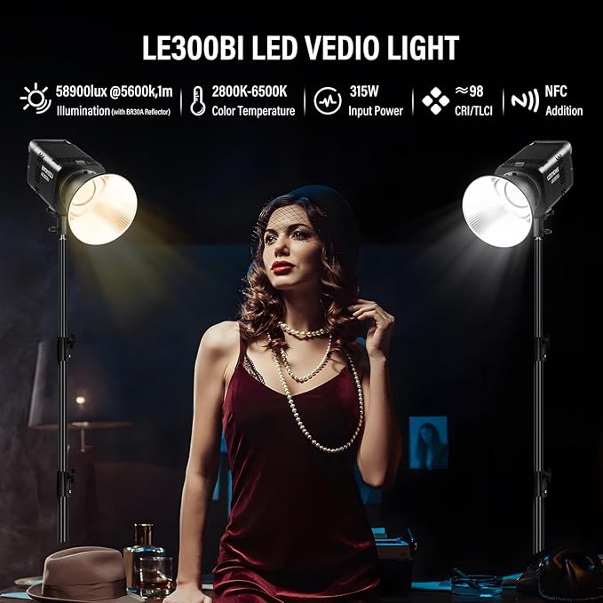 Godox Litemons LE300Bi COB Led Video Light, Godox Bowens Mount 315W Bi-Color Continuous Output Light with DMX/Bluetooth APP Control, NFC Connection, 2800K~6500K, 58900Lux@1m, CRI/TLCI98, 11 Fx Effects