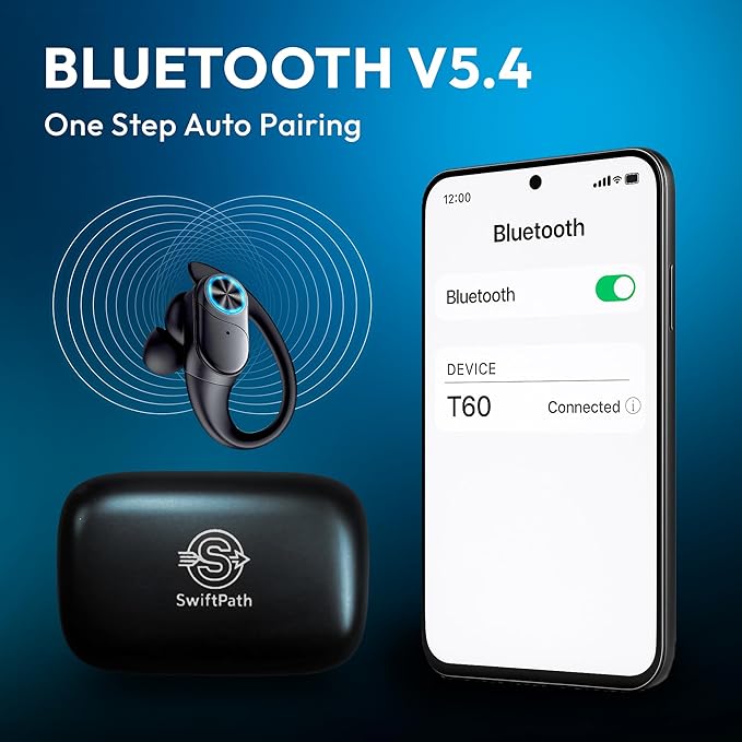 Wireless Bluetooth Sports Earbuds - Over-Ear Hook Headphones with LED Display - Touch Control & Voice Assistant - Wireless Charging Case – for Running - Gym - Workout (Black)