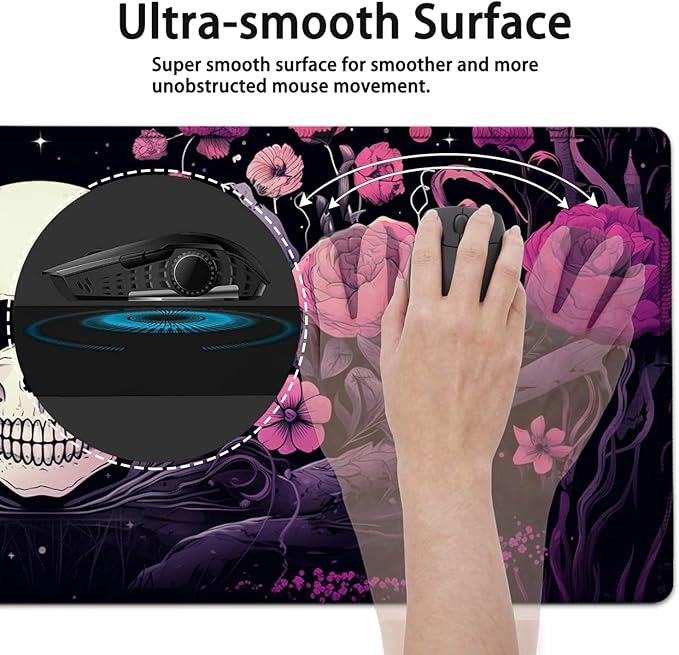 Large Mouse Pad, 31.5 x 11.8in Extended Gaming Mouse Pad with Stitched Edges, XXL Mousepad Protector Non Slip Rubber Base for Office and Home Writing Mat, Skulls and Pink Flowers Black Desk Mat