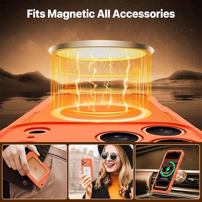 CENHUFO Magnetic Privacy for iPhone 17 Pro Case [Compatible with Magsafe] Full Body Phone Case Built-in 9H Tempered Glass Privacy Screen Protector, Camera Protection Shockproof Bumper Cover -Orange