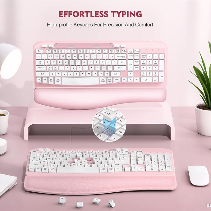 Ergonomic Wireless Keyboard with Cushioned Wrist Rest, Wave Keys, Phone Holder, Comfortable Natural Typing, 2.4GHz Full Size Cordless USB Computer Keyboard for Windows, Mac OS, Laptop, PC (Pink)