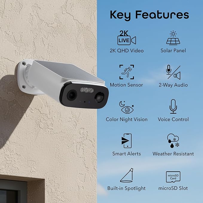 Geeni Falcon Smart Solar Battery Camera 2K+ – Outdoor Camera Wireless, Weather Resistant with Solar-Powered Battery, Motion Alerts, Color Night Vision, Two-Way Audio — 2-Pack, White