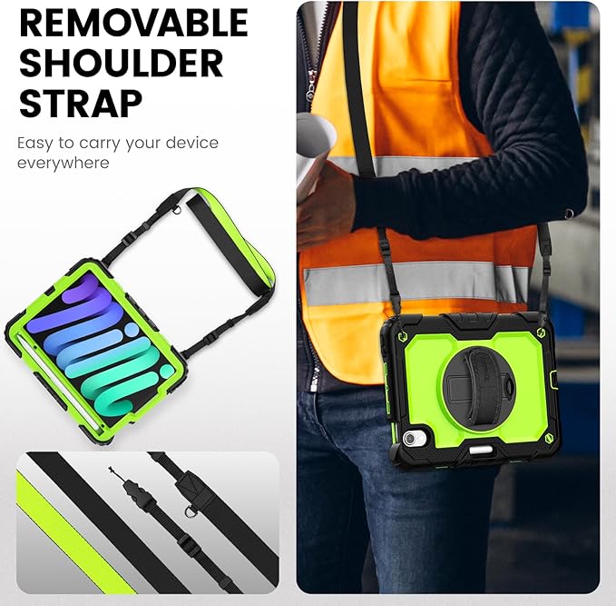 Timecity Case for iPad mini 7/6 with Screen Protector Pencil Holder [360 Rotating Stand ] & Handle/Shoulder Strap, Drop-Proof Case for iPad mini 7th/6th Generation 8.3'' Kids Students Friendly- Green