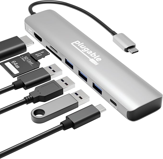 Plugable USB-C Hub 7-in-1, Driverless USB C Hub Compatible with Mac, Windows, Chromebook, USB4, Thunderbolt 4, and More (4K HDMI, 3 USB 3.0, SD & microSD Card Reader, 100W Charging)