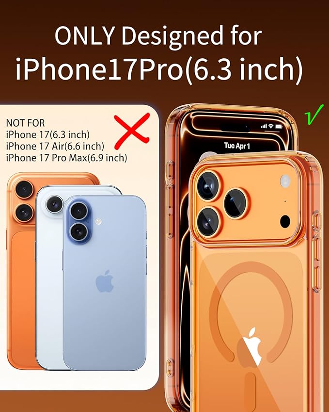 for iPhone 17 Pro Case, Compatible with MagSafe, Magnetic Slim Cover, Anti-Yellowing & Shockproof, Full Camera Protection, Includes Screen & Lens Protectors, Clear Orange Protective Case