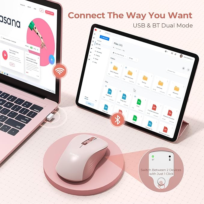 seenda Bluetooth Wireless Mouse, Bluetooth & 2.4G USB Dual Mode, Quiet Clicks, 1600 DPI Smooth Tracking, Ergonomic Design, 24-Months Battery Life, Portable Mouse for Laptop/Mac/Ipad/PC/Tablet-Pink