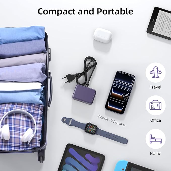 Updated USB C Fast Charger Block, 100W GaN 6 Port PD USB C QC USB A Wall Charger Adapter Plug Cube, Type C Charging Station Hub for iPhone 17 16 15 14 13 Pro Max iPad Samsung Pixel 5ft Extension Cord
