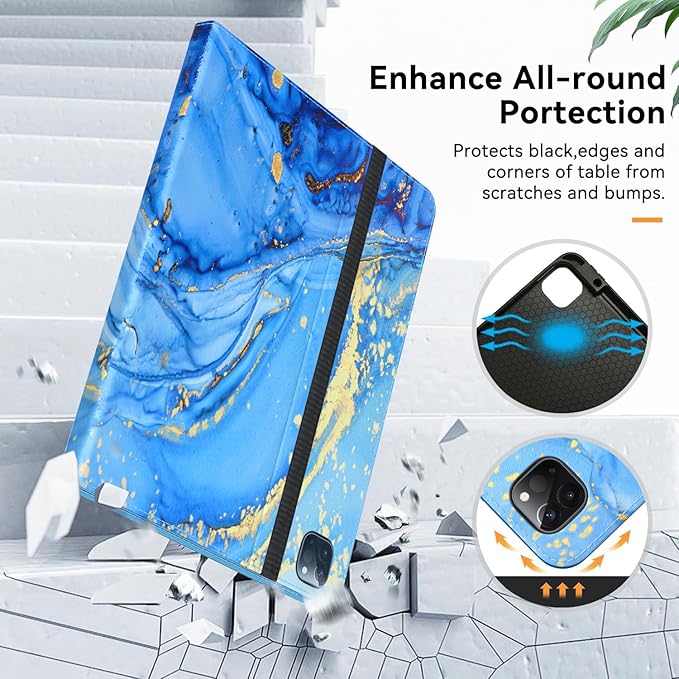 Zonefoker Case for New iPad Pro 12.9 inch 6th/5th/4th/3rd Generation 2022/2021/2020/2018, 12.9'' ipad Pro Leather Folio Protective Cover 6/5/4/3 Gen with Pencil Holder, Auto Wake/Sleep, Marble Blue