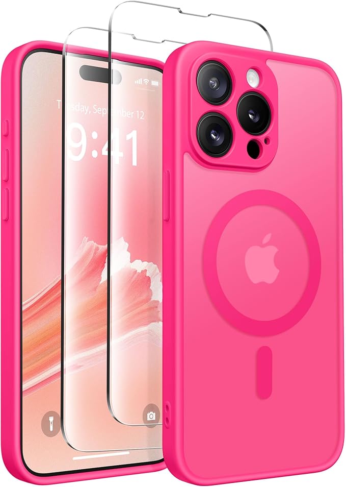 CAPRARO Magnetic for iPhone 15 Pro Max Case, [Compatible with MagSafe] [Full Camera Protection] Shockproof Protective Slim Translucent Matte Phone Case for iPhone 15 Pro Max 6.7'', Hot Pink