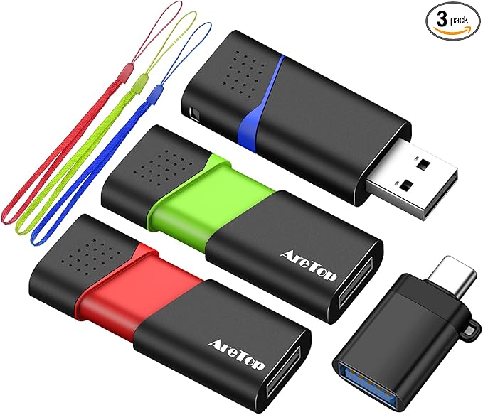 AreTop 32GB Thumb Drive 3 Pack with Type C Adapter, Retractable USB 2.0 Flash Drive Multicolor USB Drive for Date Storage, High Speed Jump Drives with LED Indicator, 32GB 3 Pack (Red, Green, Blue)