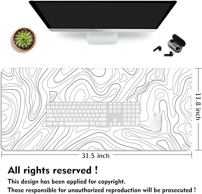 Topographic Mouse Pad XL - Large Extended Desk Mat for Gaming, Black and White Minimalist Keyboard Pad for Office & Home