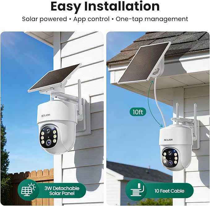 SOLIOM- 5MP Security Cameras Wireless Outdoor, No Subscription & Solar Powered,4-Cam Pack Cameras for Home Security with 360° Auto Motion Tracking, 3K Color Night Vision,5G & 2.4G Router Compatible