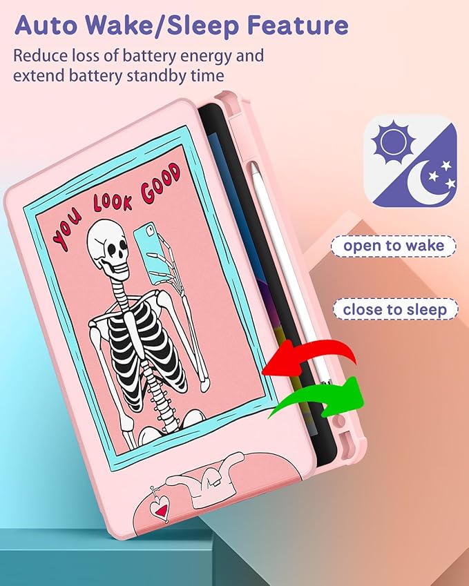 Uppuppy for iPad Air 11 inch Case, Air 5th/4th Generation 10.9, Pro 11'' Case Women Girls for Apple Pencil Holder Cute Skull Skeleton Goth Rotating Folio Cover for Apple iPad Air 5/Air 4/Pro 11"