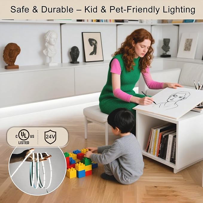 ZSLAIFU 24V COB LED Strip, LED Strip for Bedroom, 16.4FT Remote Control LED Strips, White LED Light Strip, COB Flexible Light for Bedroom Cabinet Vanity Mirror DIY Lighting