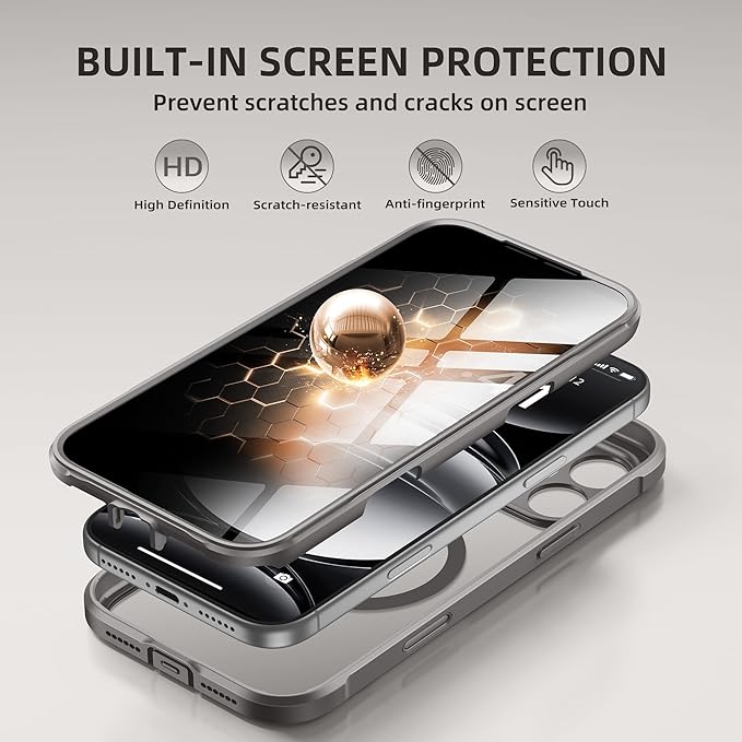 BERFY for iPhone 17 Pro Max Case, Compatible with MagSafe, Built-in Privacy Screen Protector, Camera Protection, Shockproof Full Body Phone Case 6.9", Clear Grey