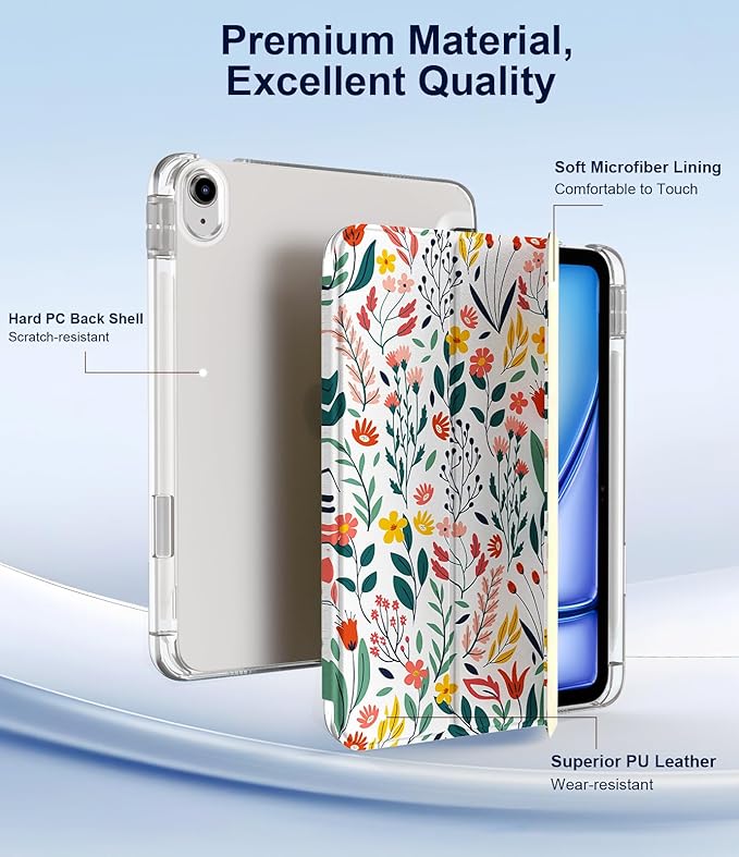 TiMOVO Case for iPad Air 11 Inch M4 2026/M3 2025/M2 2024, iPad Air 5th Generation 2022/4th Gen 2020 10.9 Inch with Pencil Holder, Stand Cover with Translucent Back, Auto Wake/Sleep, Flowers