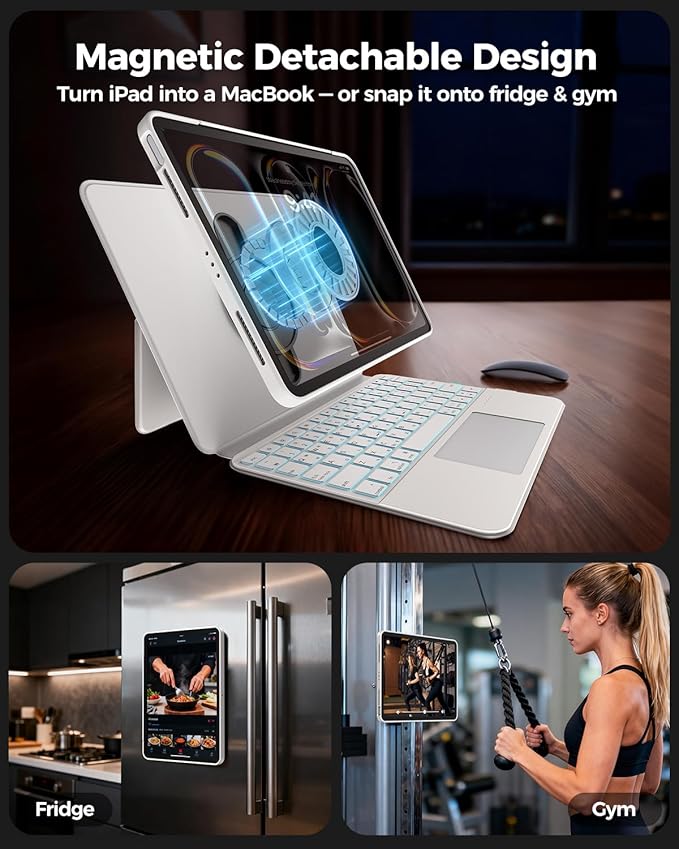 Keyboard Case for iPad Pro 11 Inch (M5/M4) 2025/2024, Clear Detachable Magnetic 360 Rotatable & Liftable Cover, 7-Color Backlit, Native Gesture Trackpad, 180 Kickstand, White