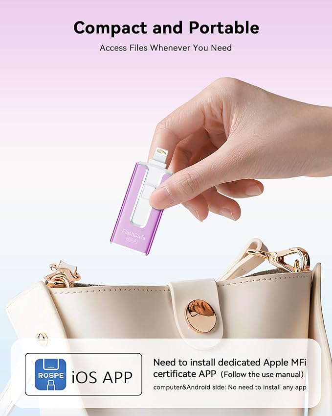 MFi Certified 256GB Flash Drive for iPhone, 3 in 1 Type-C USB Memory Stick Thumb Drive for Photos Videos, High Speed External Memory Storage Photo Stick for iPhone iPad Android PC (Purple)