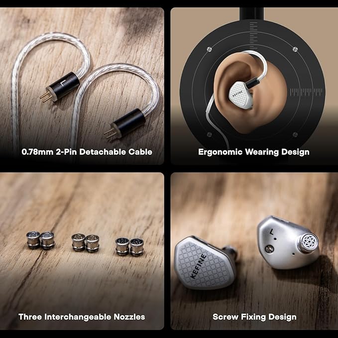 Linsoul Kefine Klean in Ear Monitor,10mm DLC Diaphragm Dynamic Driver HiFi Earphones,Wired Gaming Earbuds,Replaceable Nozzles,Detachable Silver-Plated Cable for Audiophile (No Mic 3.5mm, Silver)