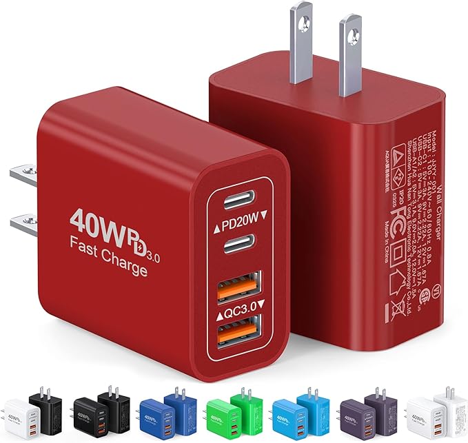 [2Pack] 40W USB C Wall Charger, Super Fast Charging Block PD+QC 4 Port Charger Cube for iPhone 17/16,iPad Pro/Mini/Air, iPod Nano, iPod Touch, Switch, Smart Phone, Smartwatches and Tablet(Red)