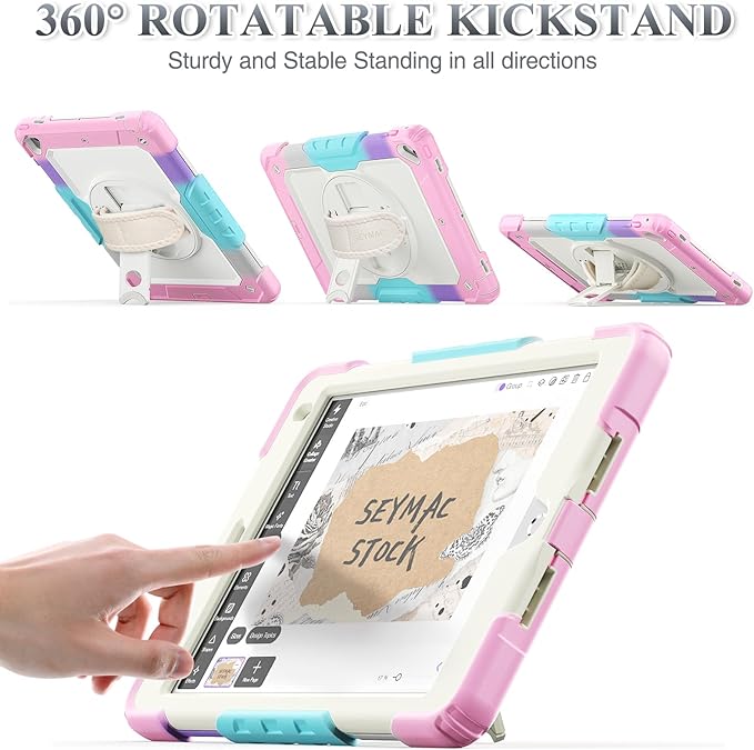 SEYMAC stock Case for iPad 6th / 5th Generation Case/Air 2 / Pro 9.7 inch, Heavy Duty Protective with Screen Protector, with Pencil Holder, Hand Strap, Shoulder Strap, 360 Rotate Stand,Yellowish+Pink