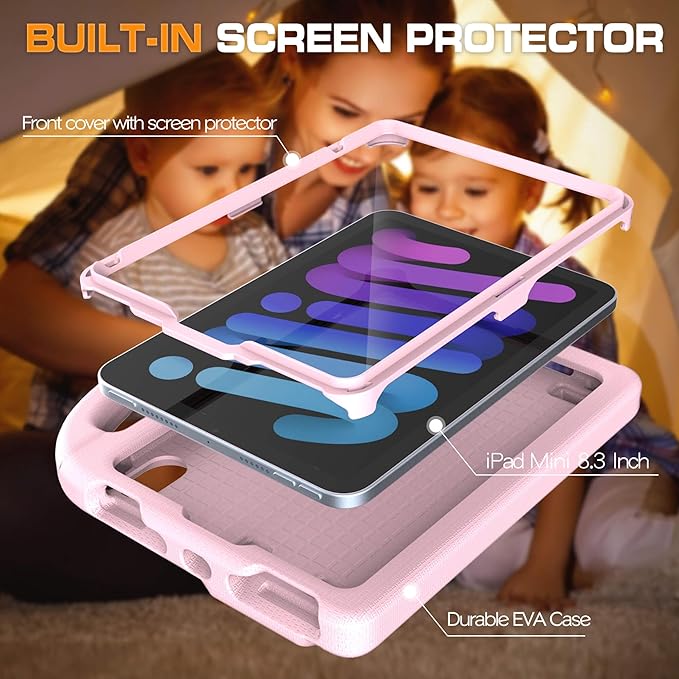 Kids Case for iPad mini 7 (A17 Pro) 2024/ Mini 6 2021, iPad mini 7th/6th Generation Case with Screen Protector - Shockproof with Handle Stand Protective Cover for iPad 8.3 Inch, Light Pink