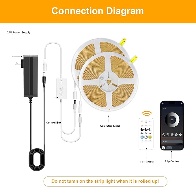 Pandery COB LED Strip Lights Warm White,24V Dimmable led Light Strip KIT with Remote and app Control,3000K 50FT/15m 8mm Wide Ra>90 Cuttable Flexible Strip Lights for Bedroom,Wardrobe,Cabinet