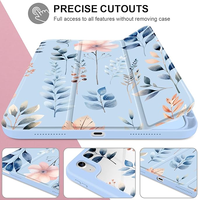 Case for iPad Air 11 inch M4 2026 M3 2025 M2 2024 Release with Pencil Holder Clear Back Shell Blue Lightweight Shockproof TPU Edge Trifold Stand Auto Wake Sleep Cute Cover, Hand-Drawn Leaves