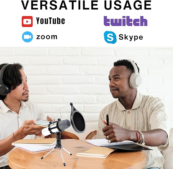 Omnidirectional Condenser Podcast Microphone for Computer - USB Microphone for PC - Gaming Mic for Streaming PC - Recording Mic for Singing w/Pop Filter, Shock Mount & Tripod - Music Studio Equipment