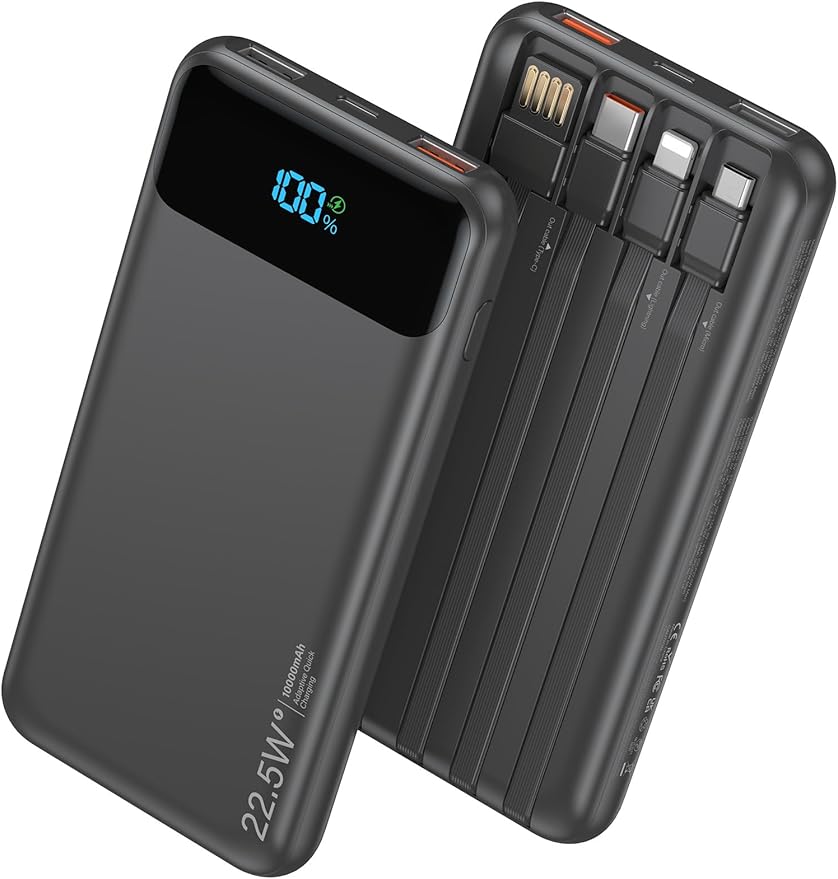Portable Charger, 10000mAh 22.5W Fast Charging Power Bank with 4 Built-in Cables, Travel Essentials Battery Pack with LED Display, 6 Outputs Charging Bank Compatible with iPhone, iPad, Samsung Black