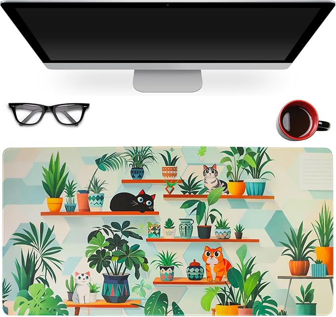 PERFECTSIGHT Cute Cat Desk Pad Kawaii Plant Kitty Desk Mat, Large Gaming Mouse Pad, Funny Deskmat Mousepad, Laptop Keyboard Pad Office Home Decor for Women Girls, Green