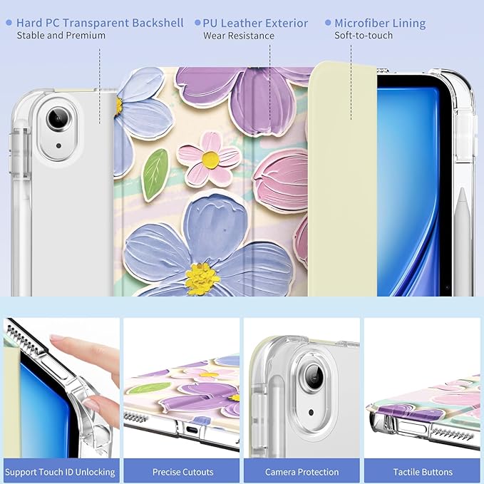 MoKo for iPad Air 11 inch Case (M4/M3/M2) 2026/2025/2024, iPad Air 5th/4th Gen 10.9 inch Case 2022/2020 with Pencil Holder, Slim Trifold Cover with Hard PC Translucent Back Shell, Painting Flower