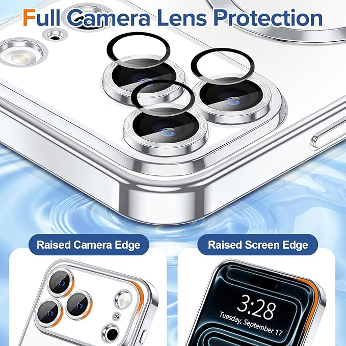 Hython Magnetic Clear for iPhone 17 Pro Case with Camera Lens Protector [Compatible with MagSafe] Luxury Plating Edge Slim Soft TPU Cover Protective Phone Case for iPhone 17 Pro 6.3", Silver