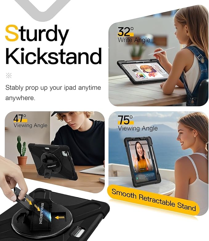 BRAECN for iPad Air 11 Inch M4 2026/M3 2025/M2 2024,iPad Air 5th/ 4th Gen 10.9 Inch Shockproof Durable Silicone Case with 360 Rotating Hand Strap&Kickstand for iPad Pro 11'' 4/3/2/1st Case-Black