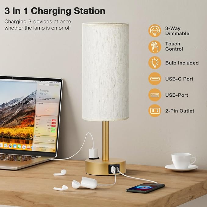 PartageiZ Gold Touch Table Lamps Set - 3 Way Dimmable Bedroom Lamps with USB C and A Ports, Small Lamps for Nightstand with AC Outlet, Gold Base Round Flaxen Shade for Desk, Office, Dorm, Nursery