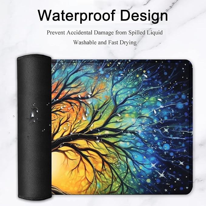 Large Mouse Pad, 31.5 x 11.8in Extended Gaming Mouse Pad with Stitched Edges, XXL Mousepad Protector Non Slip Rubber Base for Office and Home Writing Mat, Colorful Tree of Life Pattern Black Desk Mat