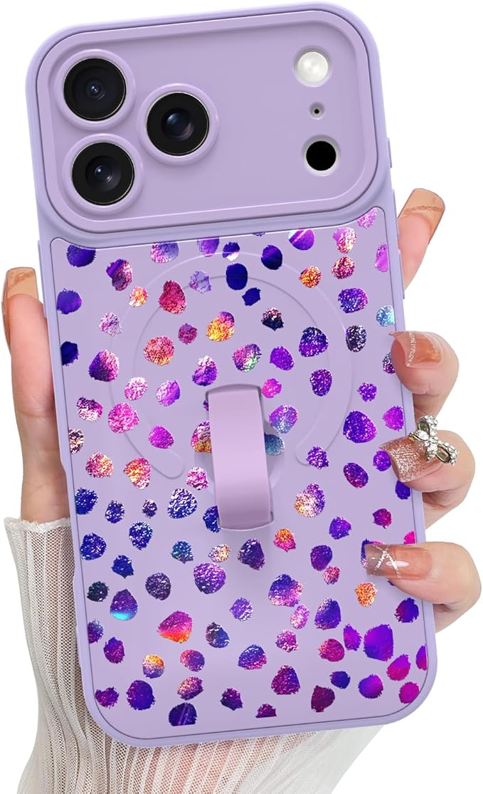 KANGHAR Compatible with iPhone 17 Pro Max Case, Support for MagSafe, Silicone Cute Iridescent Pattern Leopard Print Cheetah, Wristband Kickstand Shockproof Soft Slim Cover for Girls Women, Purple