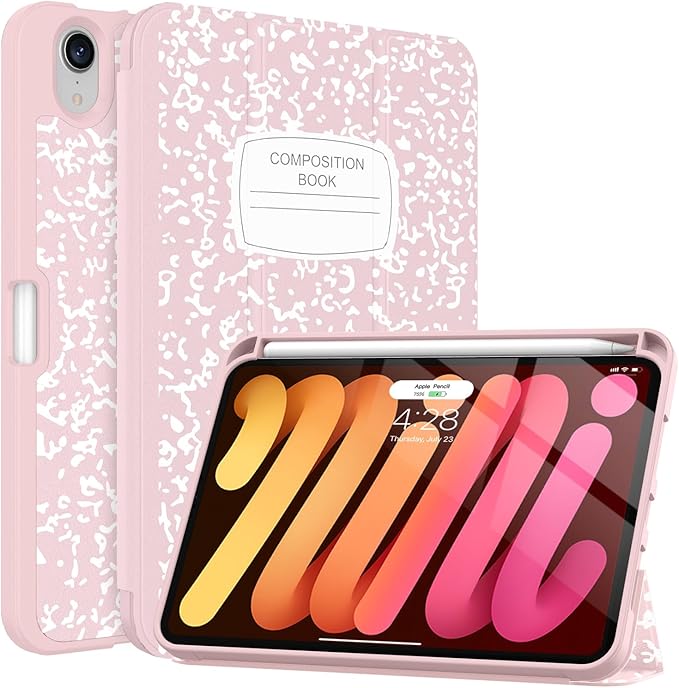 Soke Case for iPad mini 7(A17 Pro) 2024/iPad Mini 6 2021 8.3 inch with Pencil Holder-[Pencil Charging + Auto Wake/Sleep], Soft TPU Back Cover for iPad mini 7th/6th Generation(Book Pink)